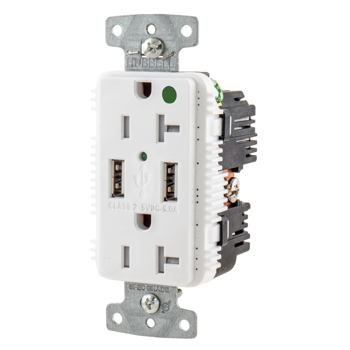 USB8300A5W Duplex Grounding Tamper-Resistant Standard USB Charger Receptacle With Green LED, 125 V AC, 20 A, 1 hp, 2500 W, 1 Phase, 2 Poles, 3 Wires, White