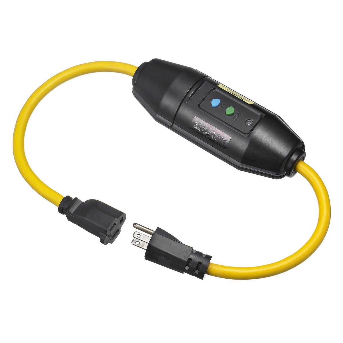 GFPIL15125M 3-Wire Fabricated Heavy Duty Manual Reset Portable Straight Blade GFCI Line Cord With Male/Female End, (3) 14 AWG Copper Conductor, 2 ft L, 120 VAC