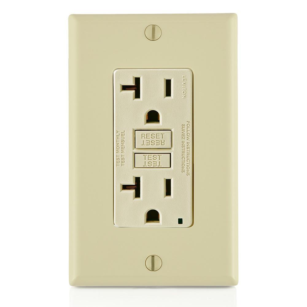 GFNT2-I SmartlockPro Slim Feed Through Monochromatic Non-Tamper Resistant Self-Test Standard Duplex GFCI Receptacle With LED Indicator, 125 V AC, 20 A, 2 Poles, 3 Wires, Ivory