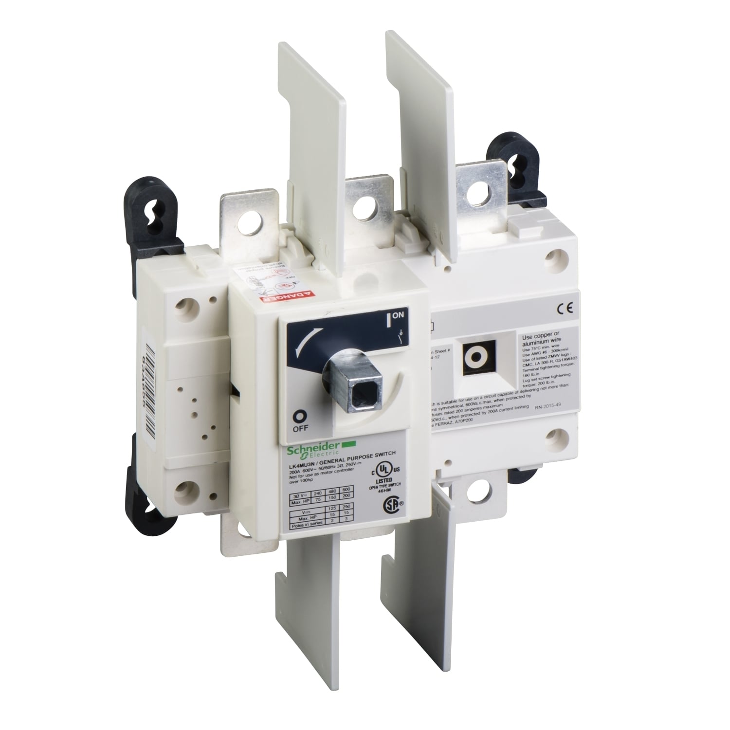 LK4MU3N TeSys Non-Fused Disconnect Switch, 600 V AC, 200 A, 15 hp, 75 hp, 150 hp, 200 hp, 3 Poles