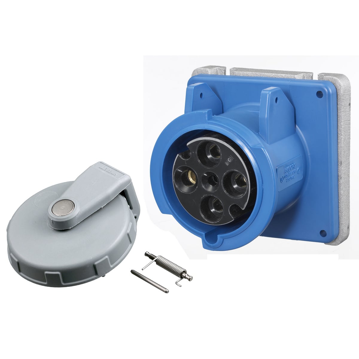 A460R9KIT 1-Phase Low Profile Heavy Duty Screw Mount Pin and Sleeve Receptacle With Cap, 250 V AC, 60 A, 3 Poles, 4 Wires, Blue