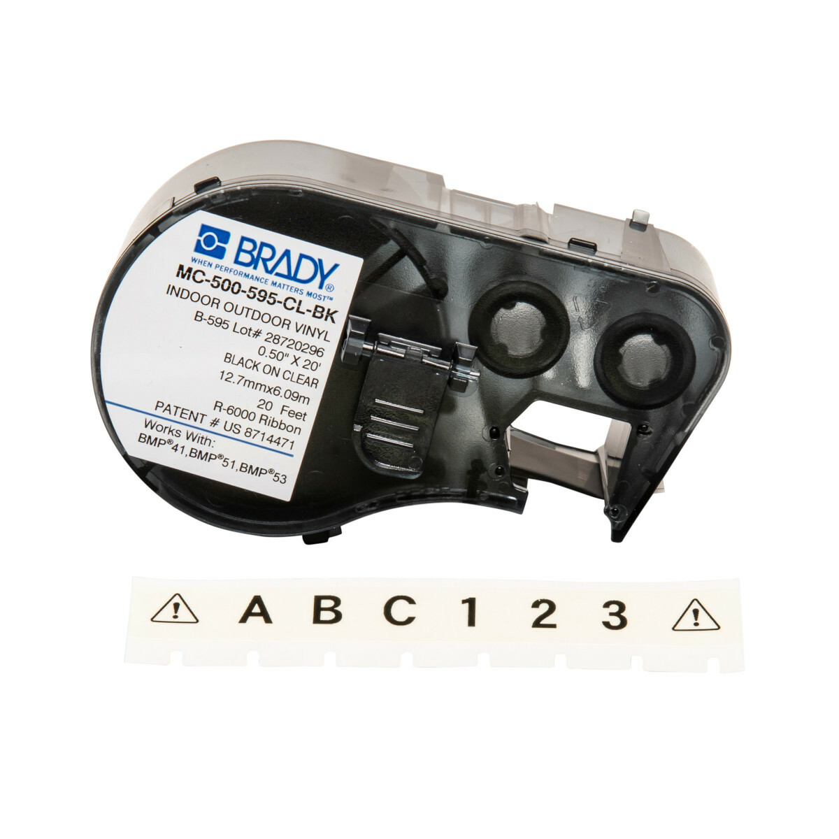 MC-500-595-CL-BK M Series Label Maker Cartridge, 20 ft L x 1/2 in W, For Use With BMP 41 Label Printers, BMP 51 and BMP 53 Label Maker, B-595 Vinyl, Black on Clear