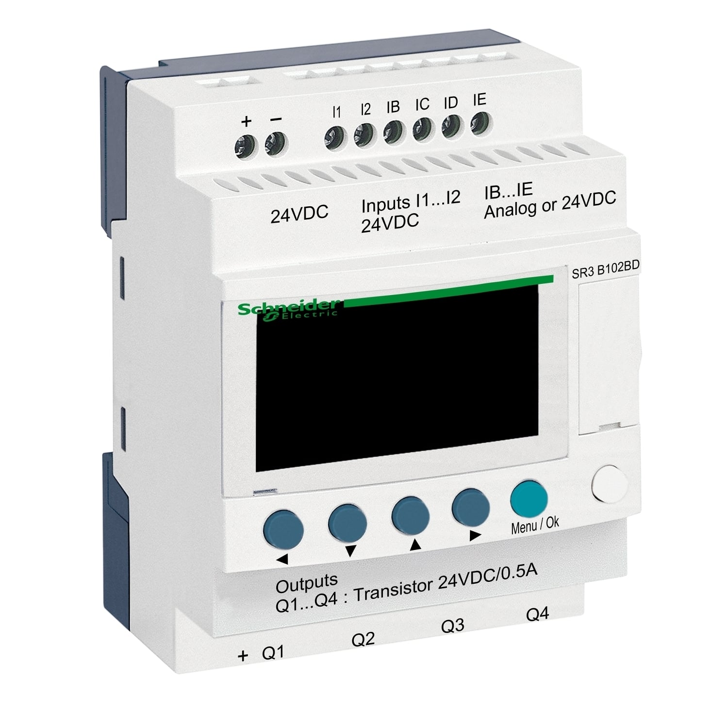 SR3B102BD Zelio Modular Logic 2 Smart Relay With Display and Integrated Clock, 24 V DC Supply, 6 Inputs, 4 Outputs, Analog/Resistive Input, Transistor Output