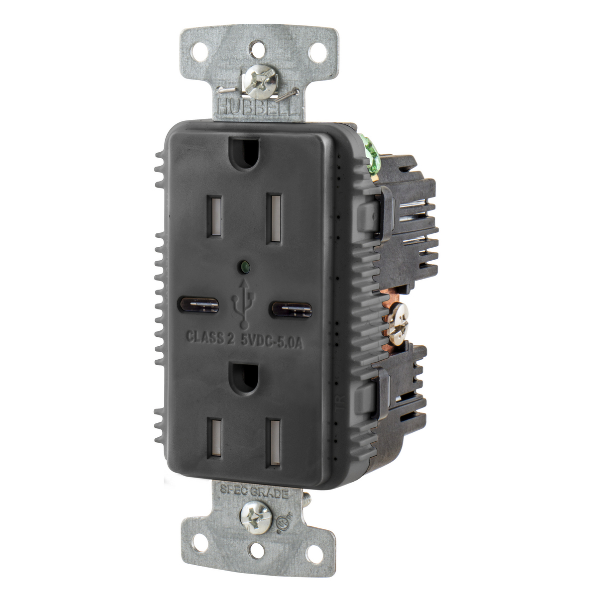 USB15C5BK Duplex Grounding Heavy Duty Standard Tamper-Resistant Style C USB Charger Receptacle With Green LED, 15 A at 125 V DC, 1875 W, 1 Phase, 2 Poles, 3 Wires, Black
