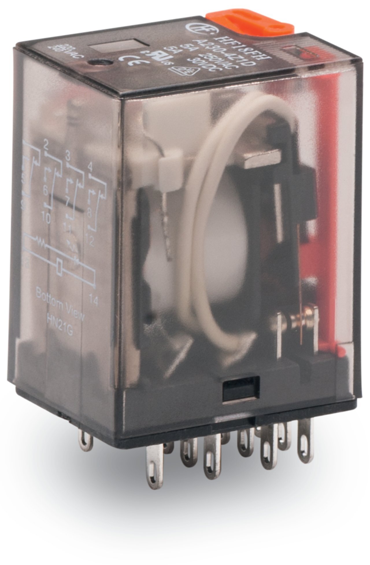Basic relay; Nominal input voltage: 230 VAC; 4 changeover contacts; Limiting continuous current: 5 A; with manual operation; Module width: 22 mm; Module height: 25 mm