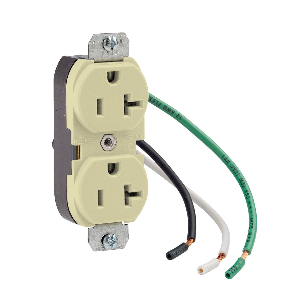 5340-4I Duplex Pigtail Slim Straight Blade Receptacle, 125 V AC, 20 A, 2 Poles, 3 Wires, Ivory