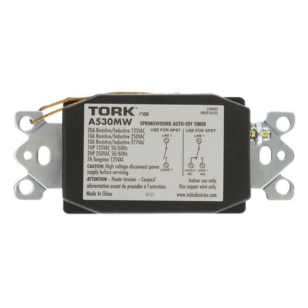 A530MW Tork Auto Off Interval Mechanical Spring Wound Timer, 30 min Setting, 125/250/277 V AC, 1 hp, 2 hp, 1 Form C SPDT Contact, 1 Pole