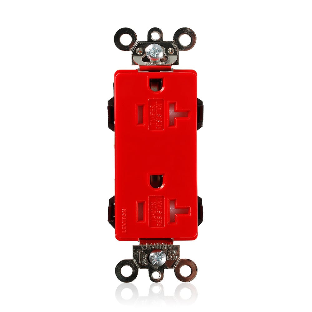 MT163-R Decora Plus Lev-Lok 1-Phase Duplex Heavy Duty Self-Grounding Tamper Resistant Straight Blade Receptacle, 125 V AC, 20 A, 2 Poles, 3 Wires, Red