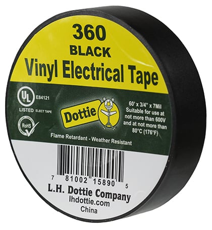 360 Economy Industrial Electrical Tape, 60 ft L x 3/4 in W, 7 mil THK, PVC, Rubber Adhesive, Black