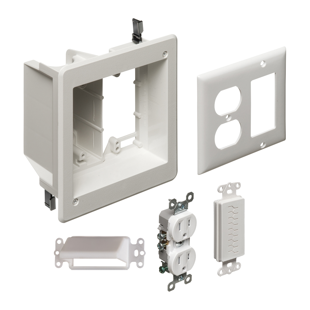 TVBR505KGC Non-Metallic Recessed TV Box Kit With Grounding Clip, Plastic, 18 cu-in Capacity, 2 Gangs, 6.698 in L x 6.012 in W x 3.75 in H