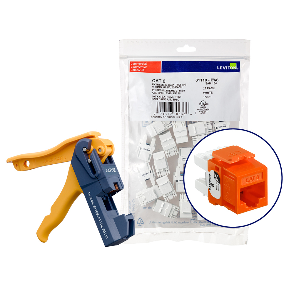 61110-JO6 eXtreme QuickPort Component Rated Snap-In UTP Connector Kit With Jack Rapid Tool, Cat 6 Module, Panel Mount, 1 Port, Orange