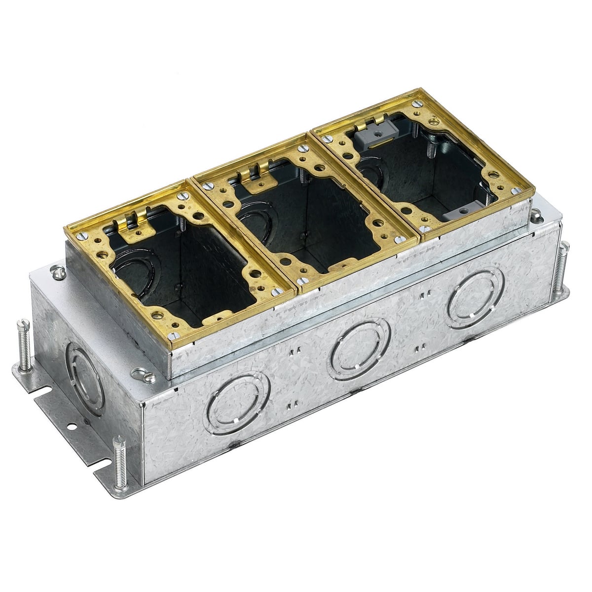 B2433 Deep Fully Adjustable Standard Sized Floor Box, Stamped Steel, 50.8 cu-in/Gang Capacity, 3 Gangs, 10 Knockouts, 4.81 in L x 12.5 in W x 3.72 in H