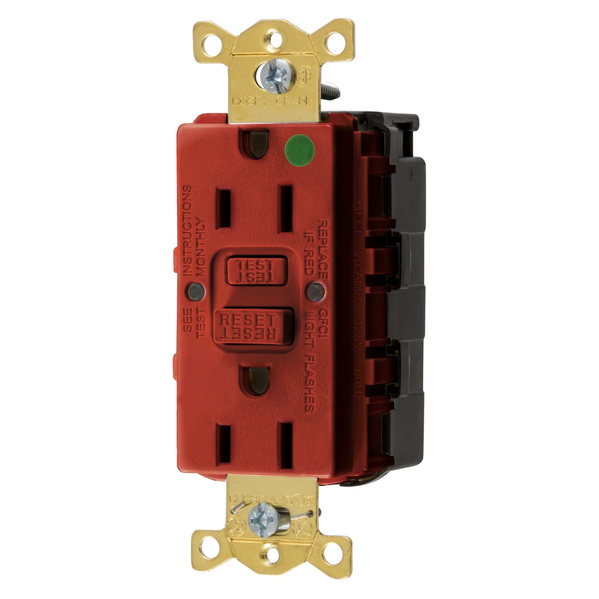 GFRST82SNAPR 1-Phase Self-Test Straight Blade Standard GFCI Receptacle, 125 VAC, 15 A, 2 Poles, 3 Wires, Red