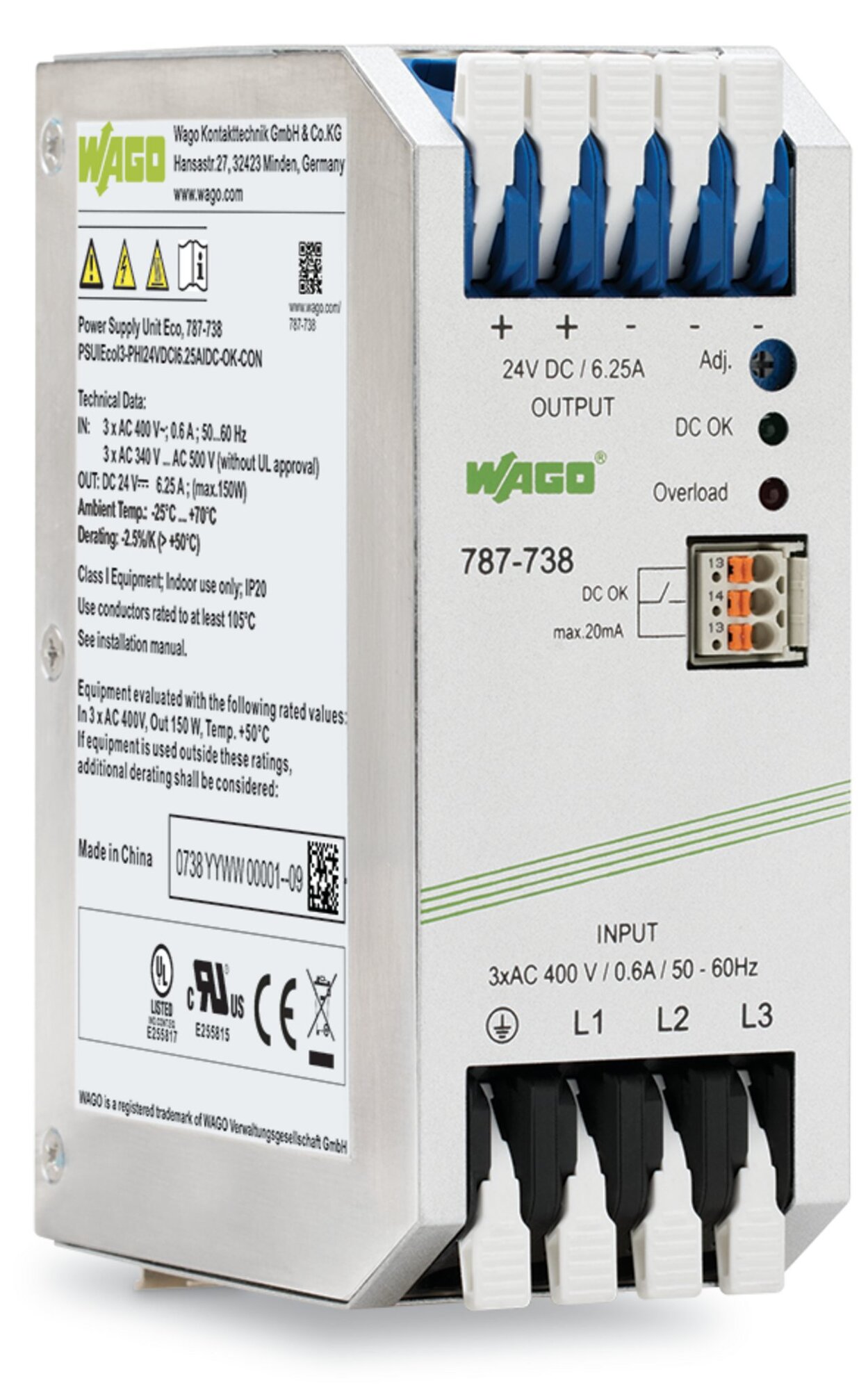 787-738 3-Phase, 650 V Input, 24 V DC Output, DIN Rail Mount