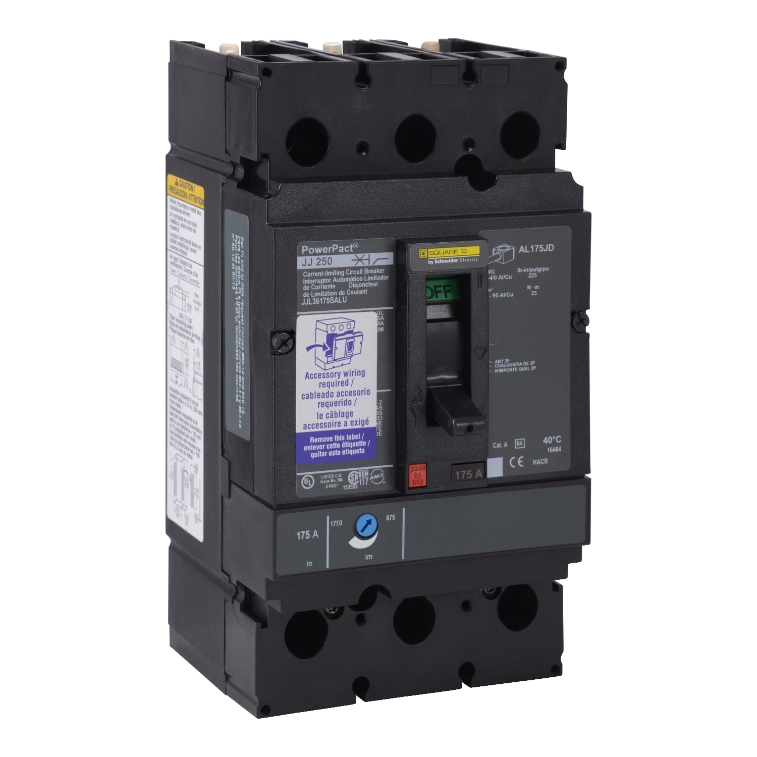 JJL36150T PowerPact Molded Case Circuit Breaker, 600 VAC, 150 A, 100 kA at 240 VAC/65 kA at 480 VAC/25 kA at 600 VAC/20 kA at 250 VDC Interrupt, 3 Poles, Thermal Magnetic Trip