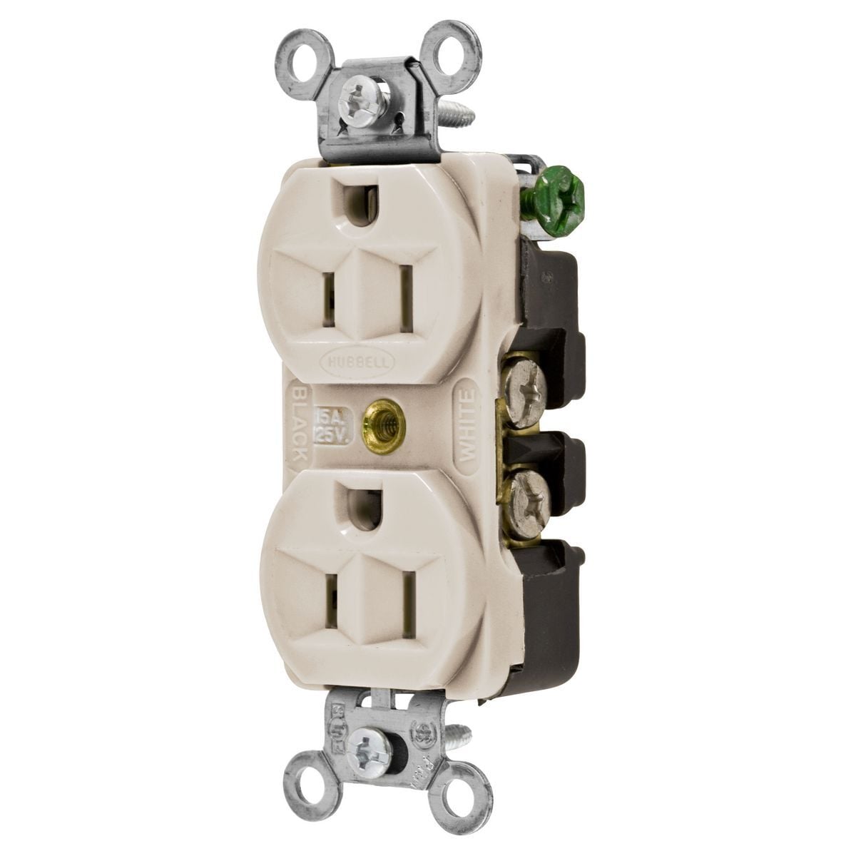 5262LA 1-Phase Duplex Heavy Duty Self-Grounding Standard Traditional Screw Mount Straight Blade Receptacle, 125 VAC, 15 A, 2 Poles, 3 Wires, Light Almond