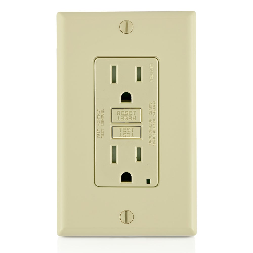 GFTR1-I Duplex Feed Through Self-Test Slim Standard Tamper Resistant GFCI Receptacle With Ivory Test, Reset Button, 125 V AC, 20 A, 2 Poles, 3 Wires, Ivory