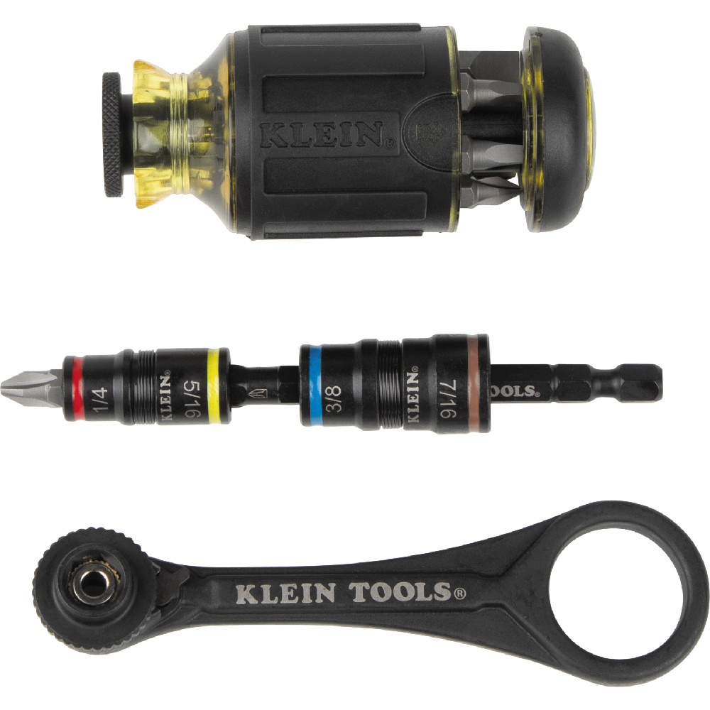This Mini-Ratchet and Multi-Bit Stubby Driver Set includes 3 of Klein's most versatile multi-bit tools. The Slim-Profile Mini Ratchet is the perfect answer for fastening in tight spaces. The 72-tooth, low-profile gear head only needs a 5-Degree sweep, allowing professionals to fasten in spots other drivers won't fit. The 12-in-1 Impact Stubby Multi-Bit Driver includes 2 flip sockets, 7 different screwdriver bits, and a 1/4-Inch quick-connect for use in an impact driver or screwdriver handle.