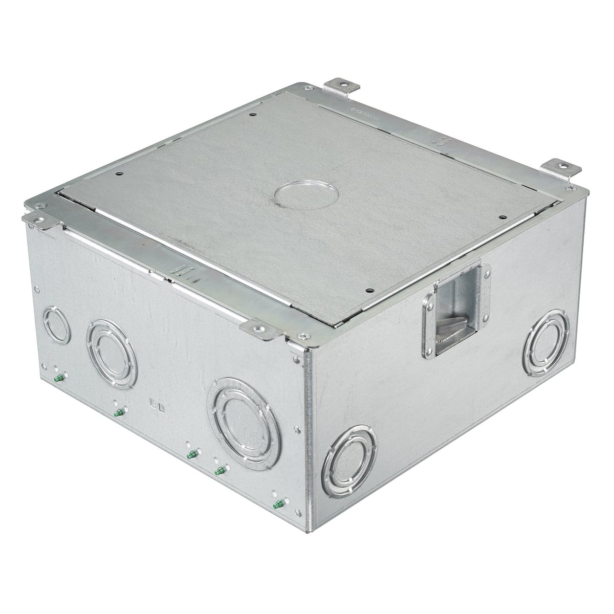 AFB10G55 Set-In Floor Box, Stamped Steel, 33 cu-in Capacity, 10 Gangs, 16 Knockouts, 10.96 in L x 10.96 in W x 5.74 in H
