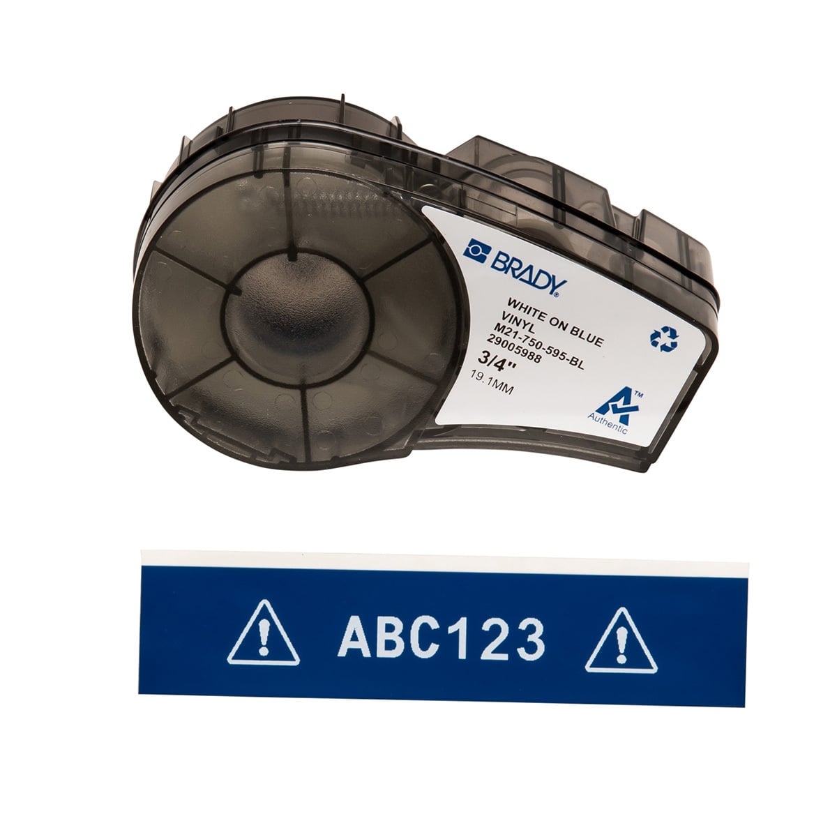 M21-750-595-BL BPM21 Label Marker Cartridge, 21 ft L x 3/4 in W, For Use With BMP 21 PLUS Portable Label Printers, IDPAL and LABPAL Handheld Label Maker, B-595 Vinyl, White on Blue