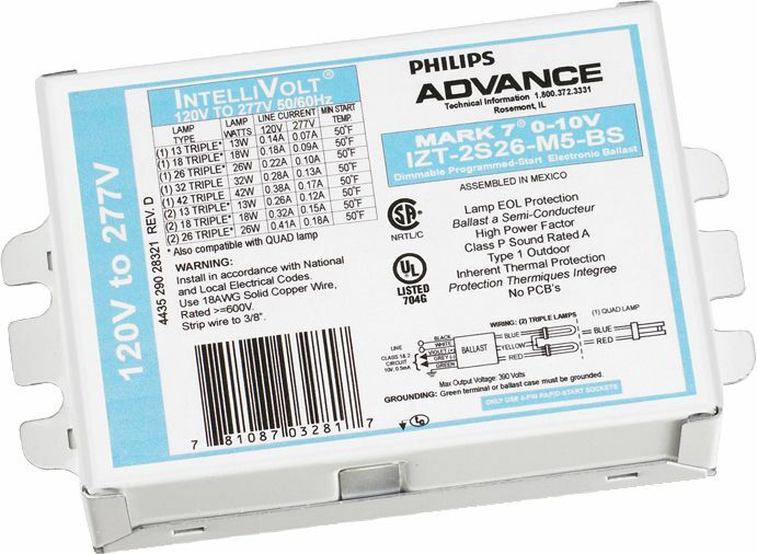 IZT2S26M5BS35M Electronic Fluorescent Dimming Ballast, Programmed, High, 2 Lamps, 50-60 Hz, 120-277V, 26W