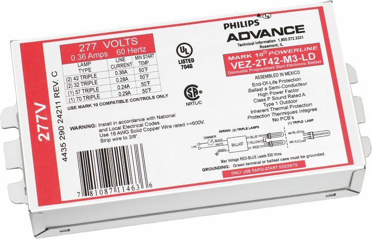 VEZ2T42M3LD35M Powerline Electronic Fluorescent Dimming Ballast, Programmed, High, 2 Lamps, 50-60 Hz, 277V, 42W