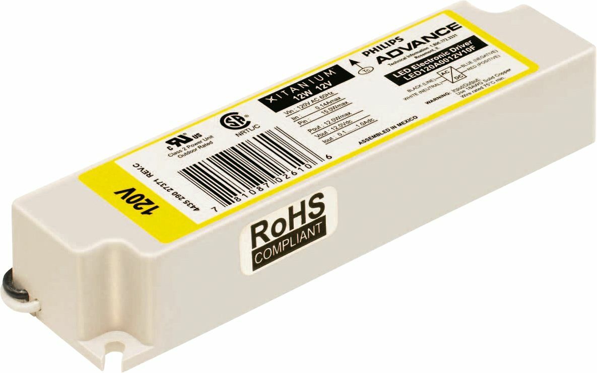 LED120A0012V10FM Advance Constant Voltage LED Driver, 120 V AC Input, 12 VDC Output, 15 W Power Rating, 5.2 in L x 1.3 in W