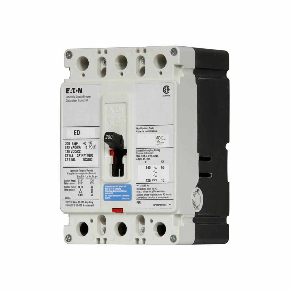 ED3200L C Series Type ED Molded Case Circuit Breaker, 240 VAC, 125 VDC, 200 A, 65 kA at 240 VAC/10 kA at 125 VDC Interrupt, 3 Poles, Thermal Magnetic Trip