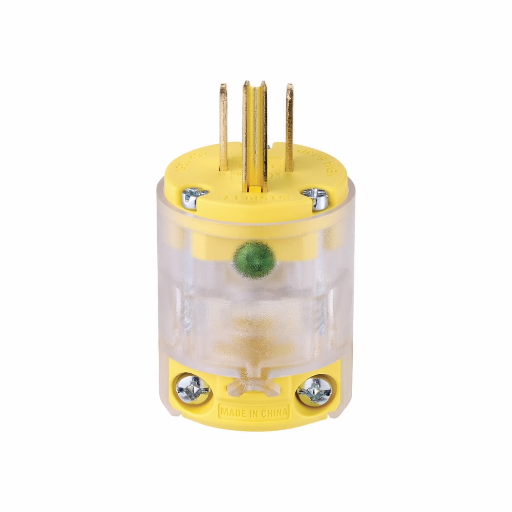 Eaton straight blade plug, Lighted/Power Indicating, #18-12 AWG, 15A, Residential & Commercial, 125V, Back wire, Yellow, Brass, Nylon, 5-15P, Two-pole, three-wire, grounding, Straight body, Screw, Green LED pilot light, Nylon