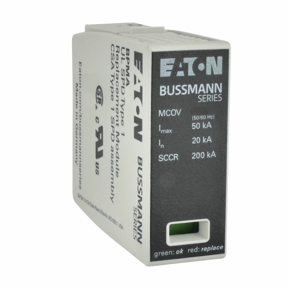 BPMA550UL BPM Series Remote contact Replacement Module, For Use With BSPMA3480DLGR Surge Protective Device, 550 V Operating, 200 kA, GL/GG Class, 25 ns Response Time, 35 mm DIN Rail Mount, Thermoplastic