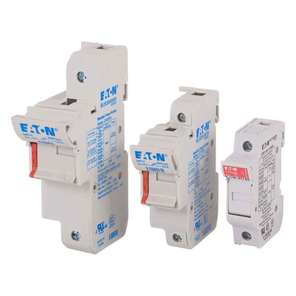 Eaton's Bussmann series 2-Pole modular fuse holder, rated at 690 V a.c./750 V d.c. (IEC), 700 V a.c. (UL), 50 Amps (IEC and UL), fitted with a neon indicator, suitable for 14 x 51 mm Cylindrical fuses
