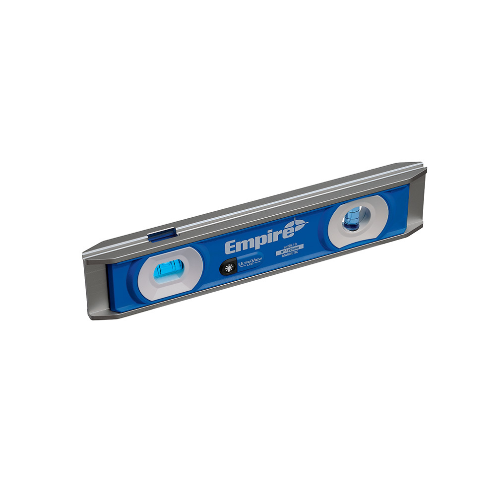 EM95.10 Empire True Blue E95 Magnetic LED Torpedo Level, 10 in L, 3 Vials, Aluminum, (2) Level/(3) Plumb Vial Position, 0.0005 in/in Accuracy