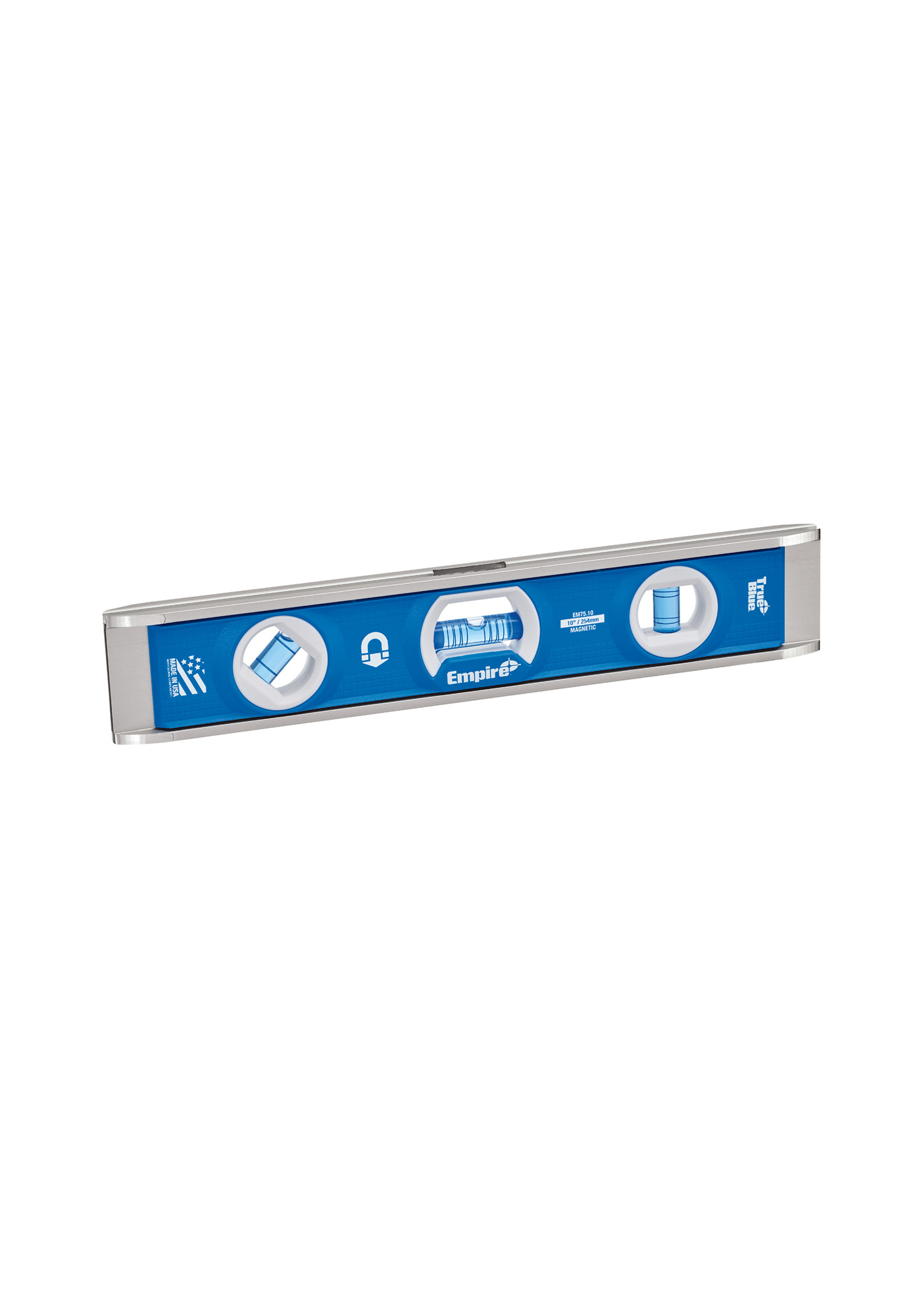 EM75.10 Empire True Blue E75 Magnetic Torpedo Level, 10 in L, 3 Vials, Aluminum, (1) Level/(1) 45 deg/(1) Plumb Vial Position