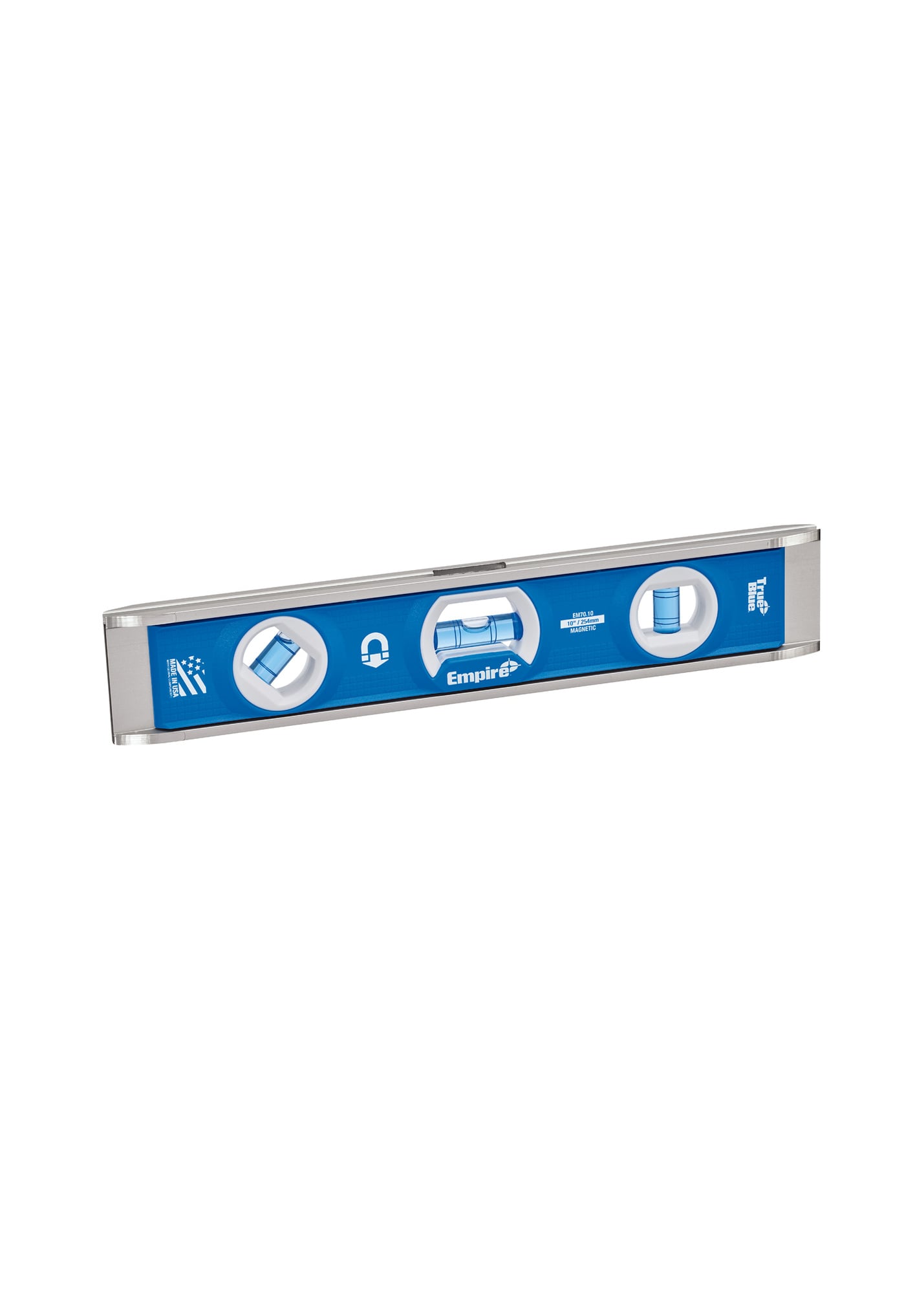 EM70.10 Empire True Blue E70 Magnetic Torpedo Level, 10 in L, 3 Vials, Aluminum, (1) Level/(1) 45 deg/(1) Plumb Vial Position
