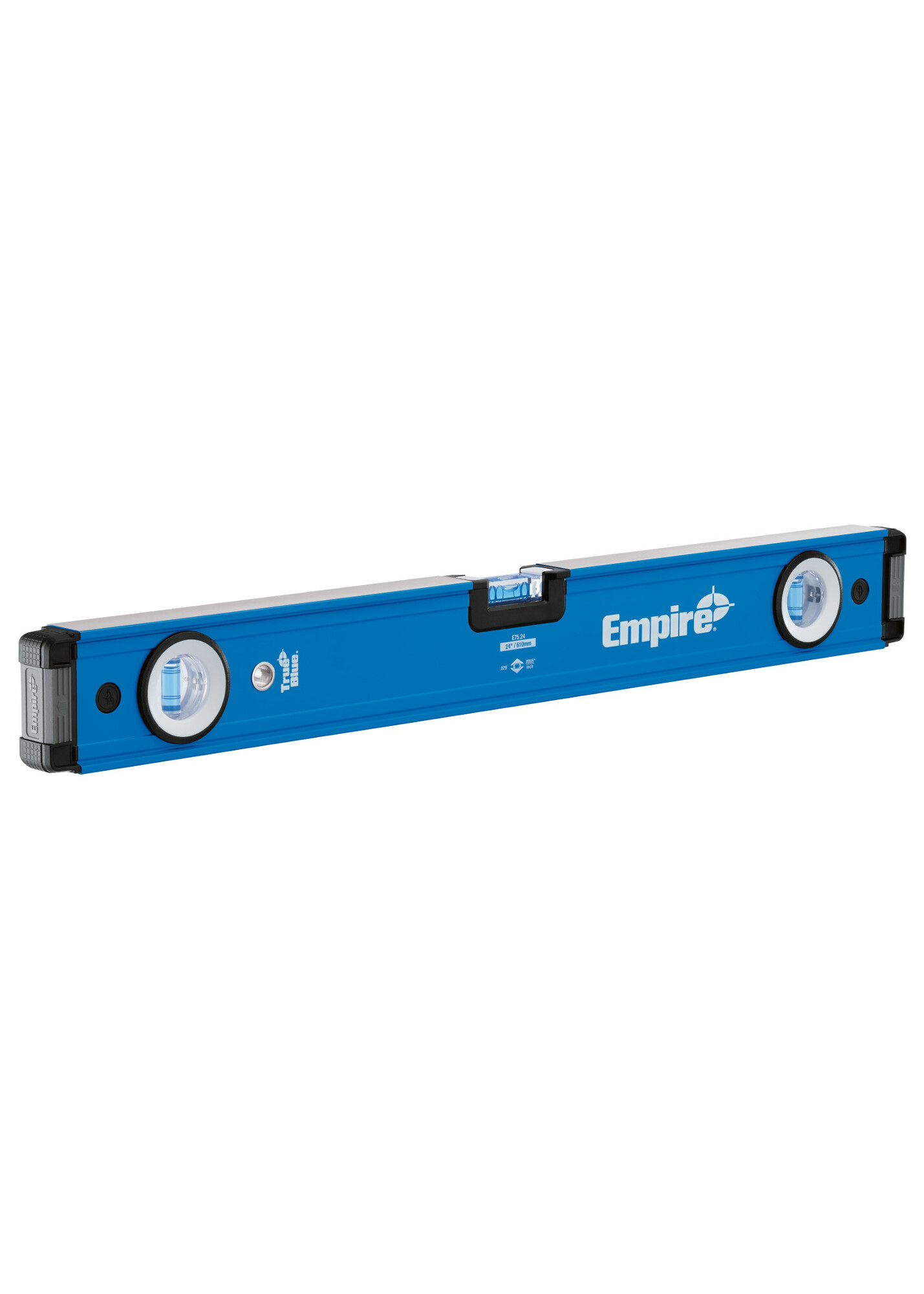 E75.24 Empire True Blue E75 Box Level, 24 in L, 3 Vials, Aluminum, (1) Level/(2) Plumb Vial Position, 0.0005 in/in Accuracy