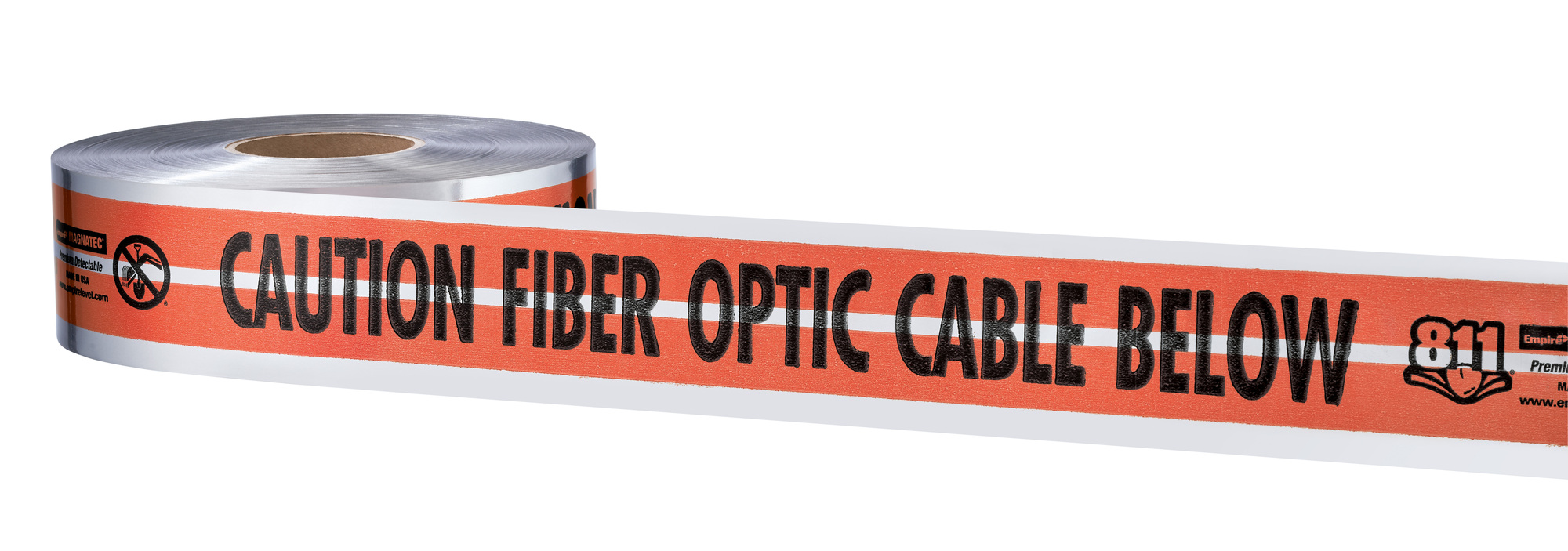 31-151 Empire ShieldTec Premium Detectable Warning Tape, Orange, 1000 ft L x 6 in W, Caution Fiber Optic Cable Below Legend, Polymer/Foil/Polyethylene