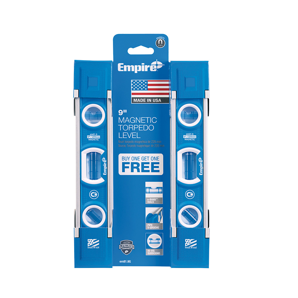 EM81.9G Magnetic Torpedo Level, 9 in L, 3 Vials, Aluminum, 45 deg/(1) Level/(1) Plumb Vial Position, 0.005 in Accuracy