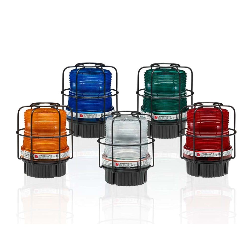 Fireball Hazardous Location LED Warning Light, 12-24VDC, Amber - Available in 12-24VDC or 120-240VAC. Five lens colors: Amber, Blue, Clear, Green and Red. Stainless steel wire guard included. 50,000 hour LED. Patented Power Select technology. Three flash pattern options: 60 FPM (default), 120 FPM or steady. Integrated 1/2-inch NPT pipe and surface mount. Indoor/outdoor use. Conformal coated PCBA. Type 4X, IP66 enclosure. IP69K compliant. UL and cUL listed for Class I, Division 2, Groups A, B, C and D & Class II, Division 2, Groups F and G & Class III. '-CN' models are UL and cUL Listed for Class I, Zone 2, Aex nA IIC Gc & Class II, Zone 22, Aex tx IIC Dc.