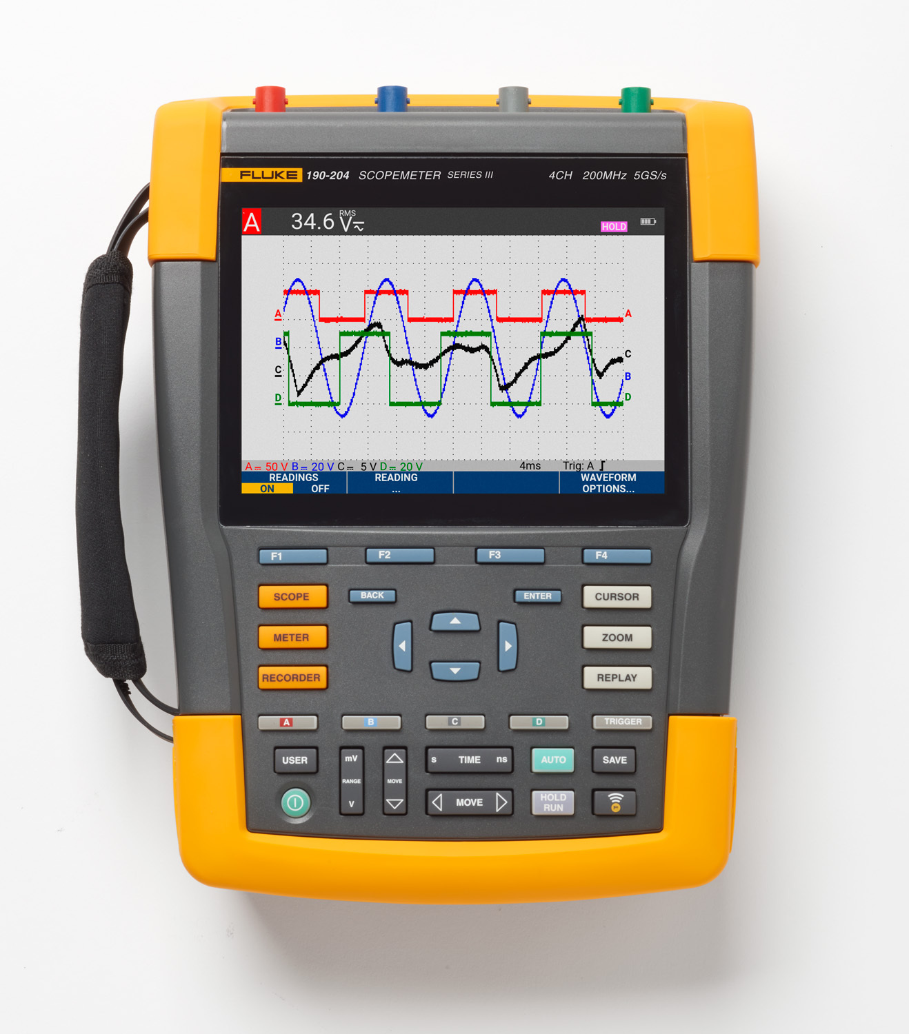 FLUKE-190-204-III-S 190 Scopemeter Hand Held Oscilloscope, 200 MHz Bandwidth, LCD Display