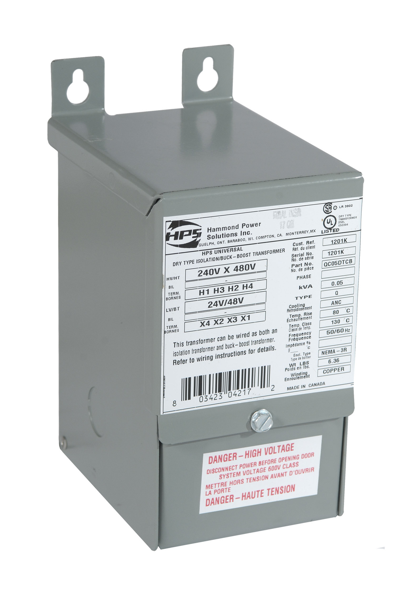 Q002ERCF Universal Commercial Encapsulated Buck Boost Transformer, 120/240 V AC Primary, 12/24 VAC Secondary, 2 kVA Power Rating, 50/60 Hz, 1 Phase