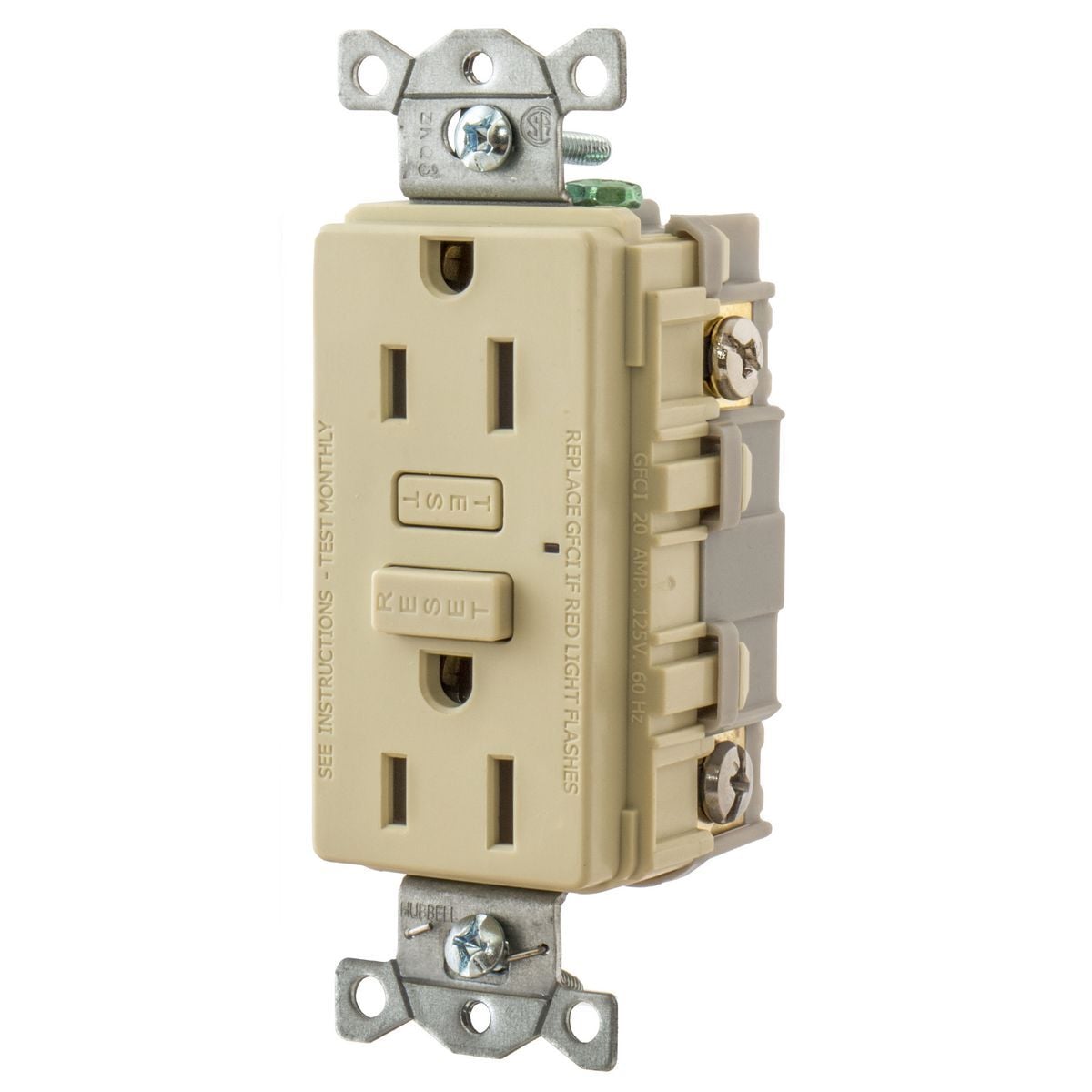 GF15I 1-Phase Duplex Grounding Standard Straight Blade Screw Mount GFCI Receptacle, 125 V AC, 15 A, 2 Poles, 3 Wires, Ivory