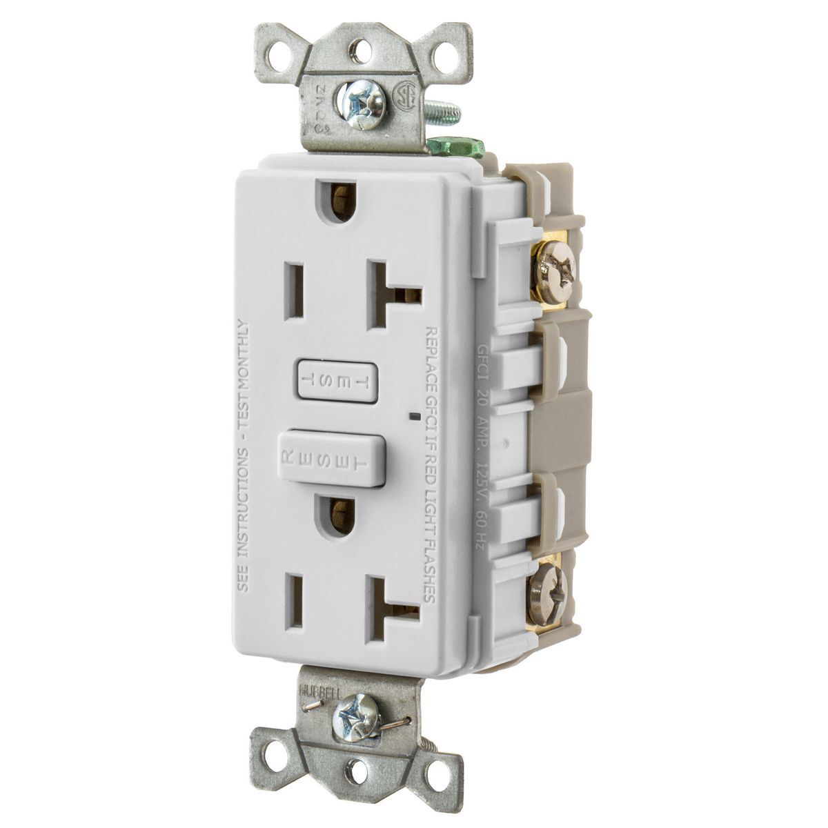 GF20W 1-Phase Duplex Standard Screw Mount GFCI Receptacle, 125 V AC, 20 A, 2 Poles, 3 Wires, White