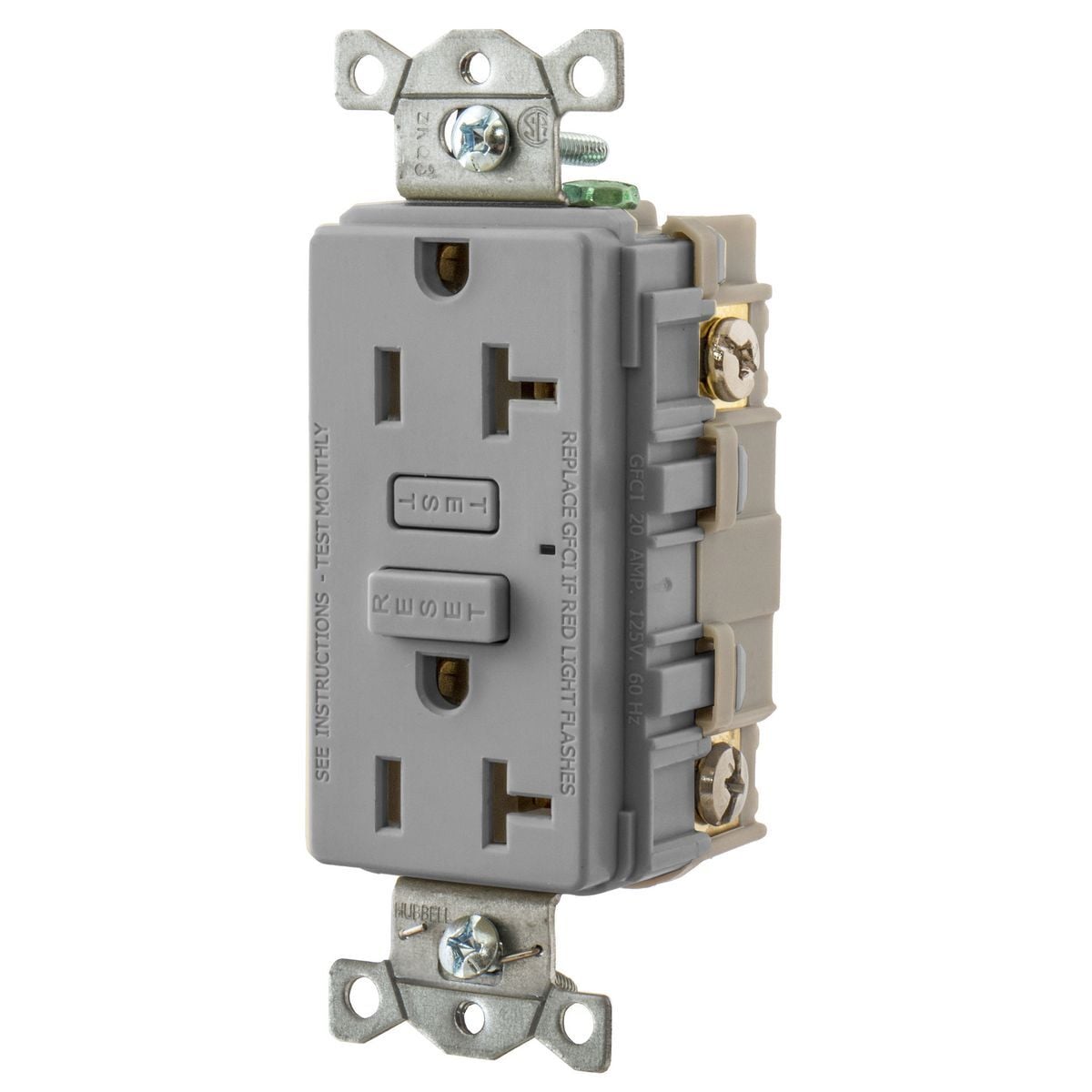 GF20GY 1-Phase Duplex Grounding Standard Straight Blade Screw Mount GFCI Receptacle, 125 V AC, 20 A, 2 Poles, 3 Wires, Gray