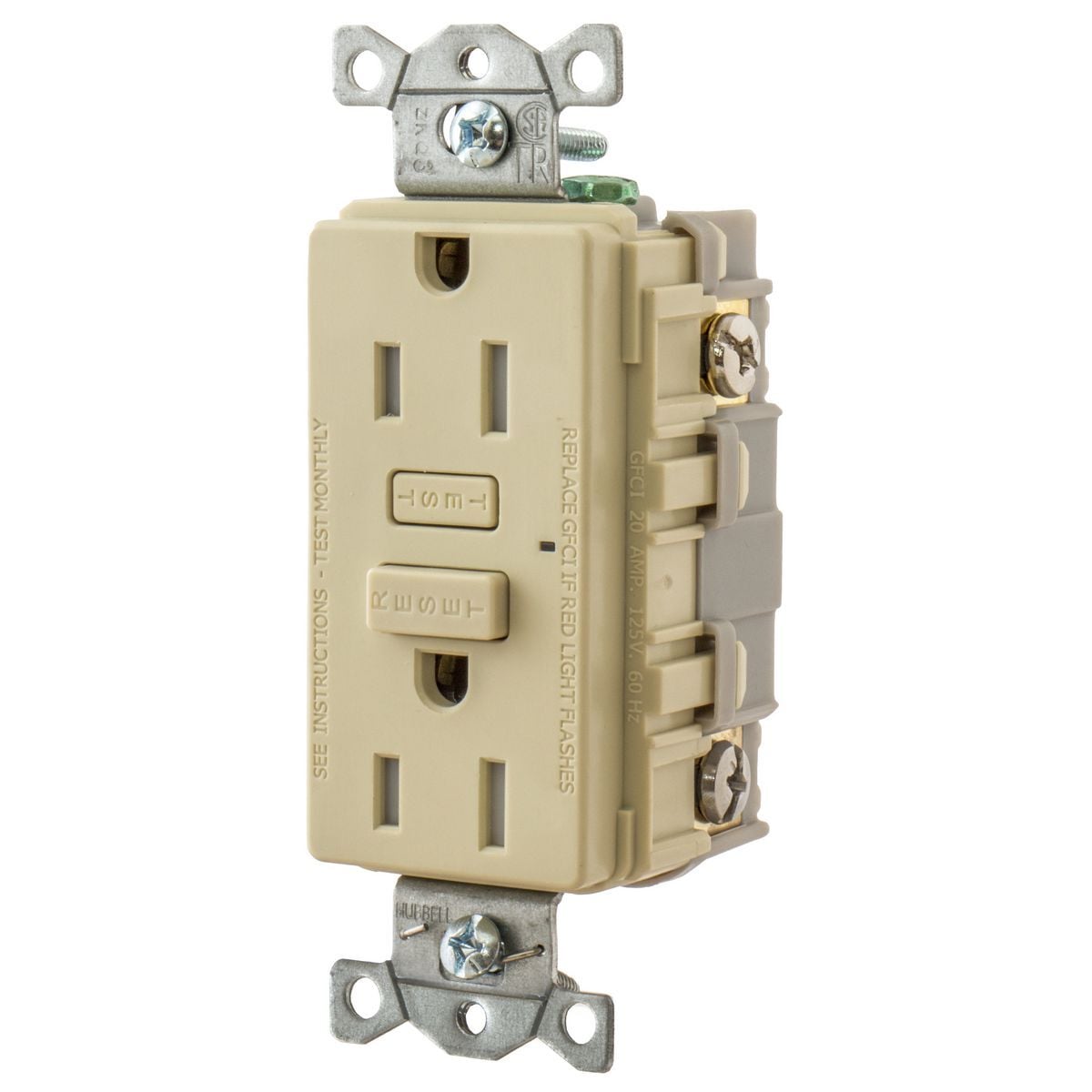 GFT15I Tamper Resistant GFCI Receptacle, 125 V AC, 15 A, 2 Poles, 3 Wires, Ivory