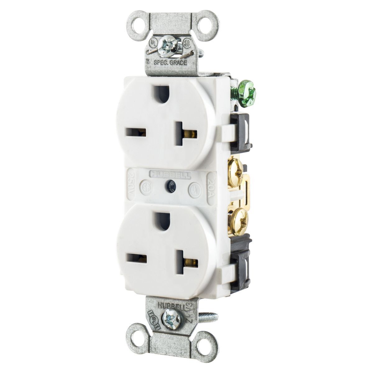 5462WHI 1-Phase Duplex Grounding Heavy Duty Standard Weather Resistant Screw Mount Straight Blade Receptacle, 125 V AC, 20 A, 2 Poles, 3 Wires, White