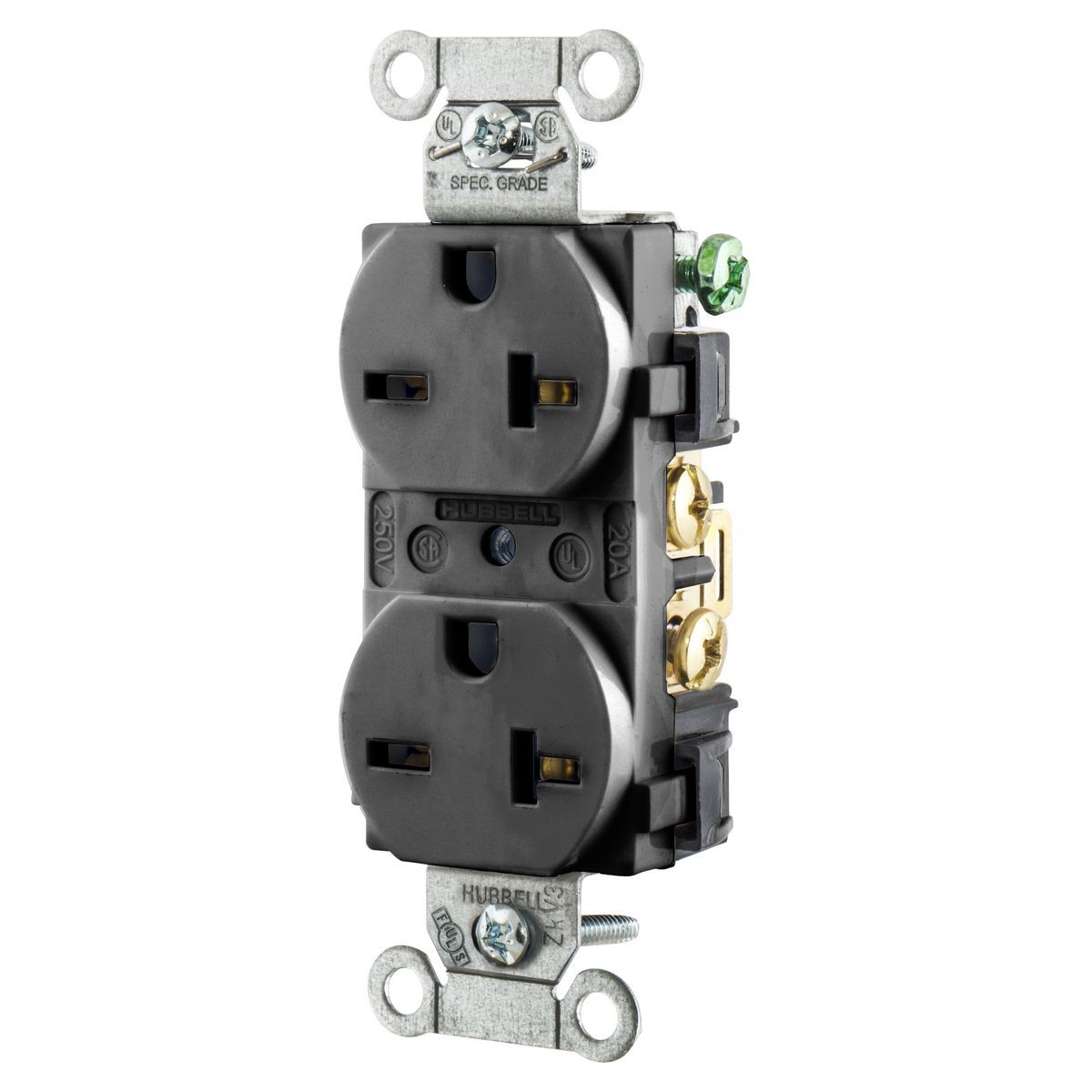 5462BK Duplex Heavy Duty Grounding Standard Cord Mount Straight Blade Receptacle, 250 V AC, 20 A, 2 Poles, 3 Wires, Black