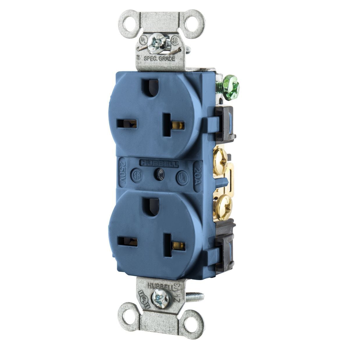 5462BL Duplex Heavy Duty Grounding Standard Cord Mount Straight Blade Receptacle, 250 V AC, 20 A, 2 Poles, 3 Wires, Blue