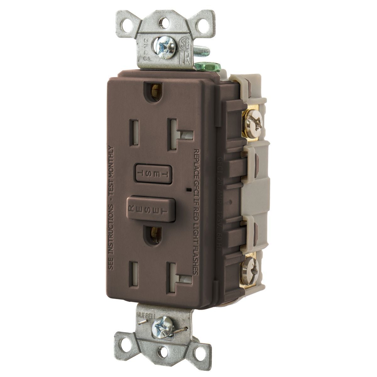 GFT20 1-Phase Duplex Grounding Standard Straight Blade Screw Mount GFCI Receptacle, 125 VAC, 20 A, 2 Poles, 3 Wires, Brown