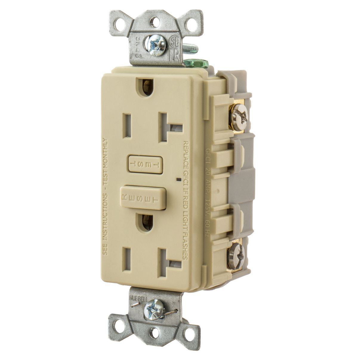 GFT20I 1-Phase Tamper Resistant Screw Mount GFCI Receptacle, 125 V AC, 20 A, 2 Poles, 3 Wires, Ivory