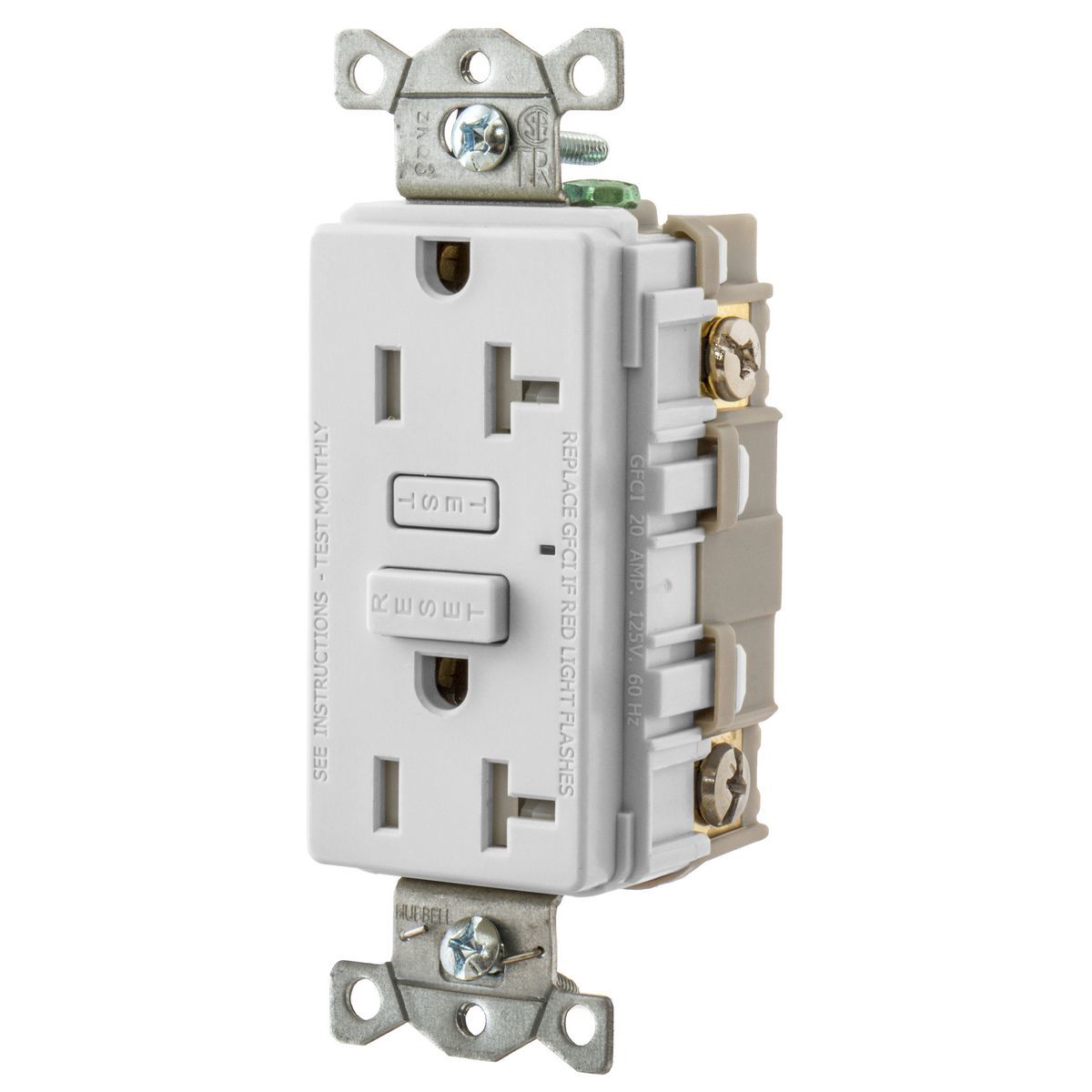 GFT20W 1-Phase Tamper Resistant Screw Mount GFCI Receptacle, 125 V AC, 20 A, 2 Poles, 3 Wires, White